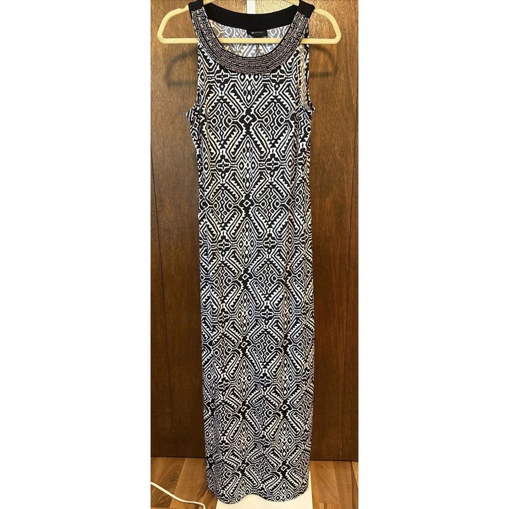 Women’s AB Studio Sleeveless Black/White Beaded Neckline Maxi Dress Large